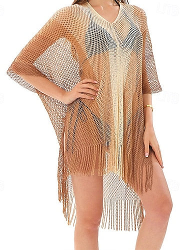 Swimwear Cover Up Swimsuit Fringe Hem Cut Out Vacation Beach Wear Ombre V Neck Short Sleeves Bathing Suits