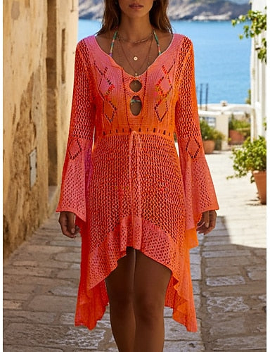 Swimwear Cover Up Swim Dress Swimsuit Cut Out Vacation Beach Wear Color V Neck Long Sleeve Bathing Suits