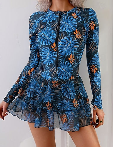 Swimwear One Piece Skirt Swimsuit Zipper Vacation Beach Wear Graphic Leaves High Neck Long Sleeve Bathing Suits