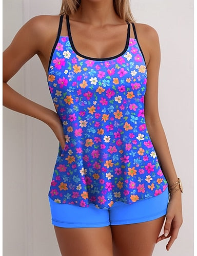 Tankini 2 Piece Swimsuit High Waist Backless Vacation Beach Wear Graphic U Neck Sleeveless Bathing Suits
