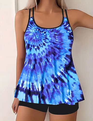 Swimwear 2 Piece Shorts Swimsuit Backless Vacation Beach Wear Graphic U Neck Sleeveless Bathing Suits