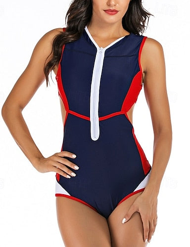 Rash Guard One Piece Swimsuit Patchwork Cut Out Front Zip Uv Sun Protection Upf50+ Quick Dry Sleeveless Swimwear Bathing Suit Surfing Beach Water Sports Summer