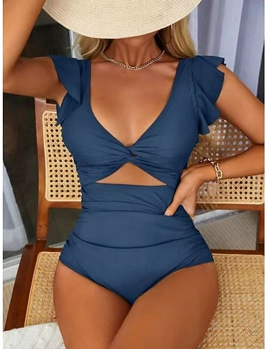 One Piece Swimsuit Slimming Ruched Cutout Monokini Tummy Control High Waist Slim Backless Vacation Color V Neck Sleeveless Bathing Suits