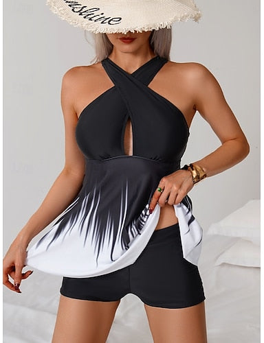 Tankini 2 Piece Swimsuit Shorts Tummy Control High Waist Slim Backless Vacation Beach Wear Ombre Halter Neck Sleeveless Bathing Suits