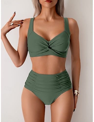 Bikini 2 Piece Swimsuit Ruched Briefs Slim Backless Vacation Color V Neck Sleeveless Bathing Suits