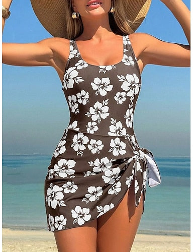 One Piece Swimsuit With Skirt Monokini High Cut Tummy Control High Waist Slim Backless Vacation Graphic U Neck Sleeveless Bathing Suits