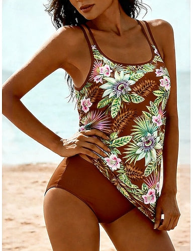 Swimwear Tankini 2 Piece Cheeky Swimsuit Tummy Control High Waist Slim Vacation Beach Wear Graphic Tropical U Neck Sleeveless Bathing Suits