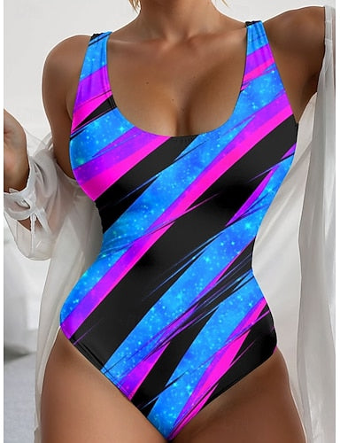 One Piece Swimsuit Slimming Monokini Backless Tummy Control High Waist Slim Vacation Beach Wear Ombre Striped U Neck Sleeveless Bathing Suits