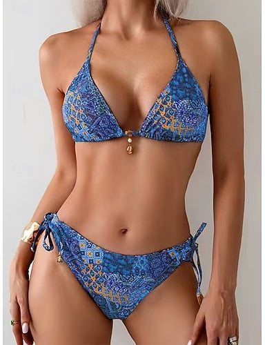 Bikini 2 Piece Swimsuit Tie Side Slim Backless Vacation Beach Wear Color Block Halter Neck Sleeveless Bathing Suits