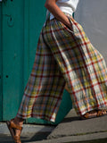 Women's Vintage Plaid Linen Blend Casual Pants artswardrobe