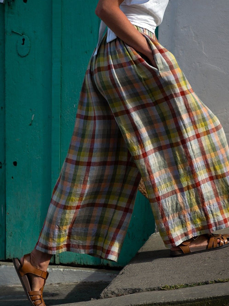 Women's Vintage Plaid Linen Blend Casual Pants artswardrobe