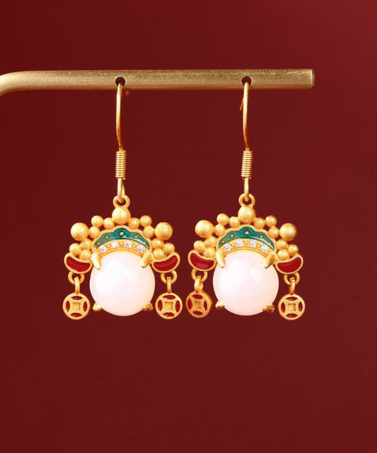 Yellow Ancient Gold Inlaid Zircon Pearl Dao Ma Dan Face Mask Drop Earrings