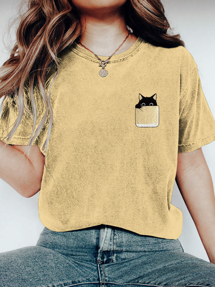 Funny Pocket Cat Print Vintage Casual T-shirt elevenforest