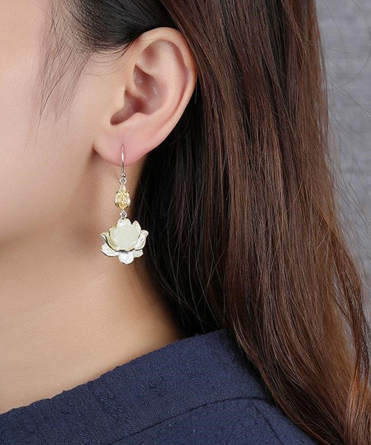 White Sterling Silver Jade Lotus Drop Earrings