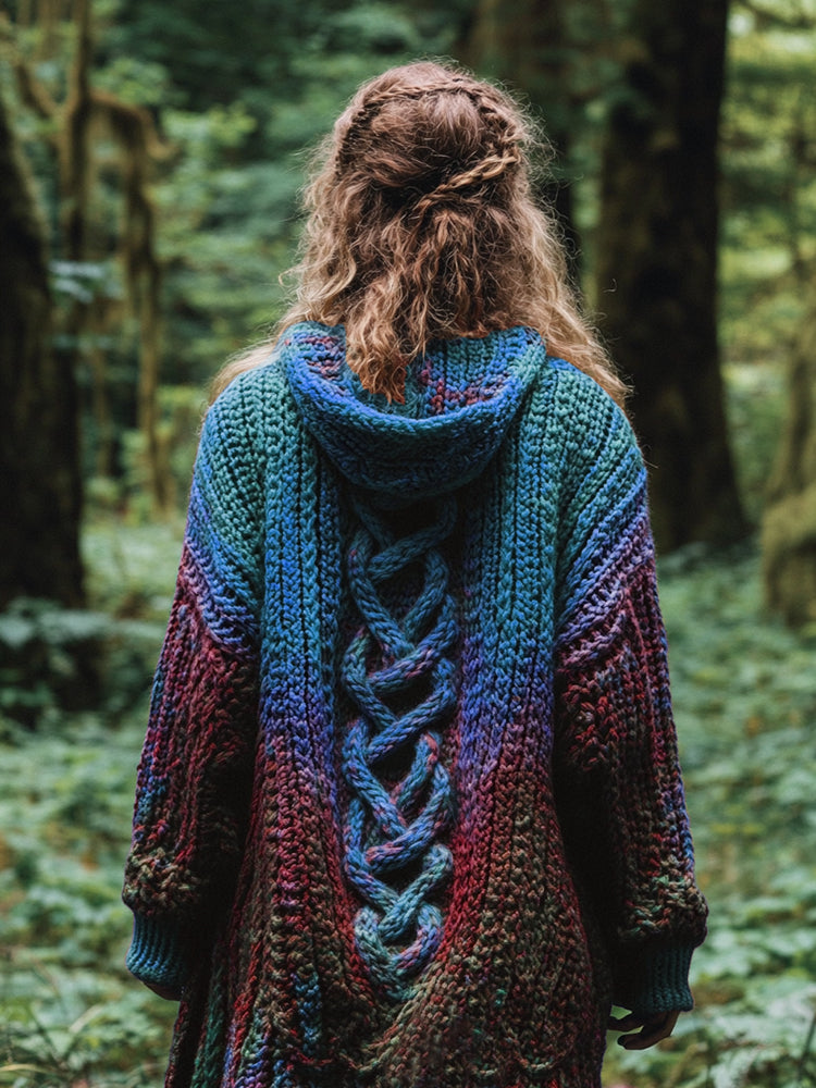 Women's Celtic Knot Retro Rainbow Chunky Knit Hooded Cardigan artswardrobe