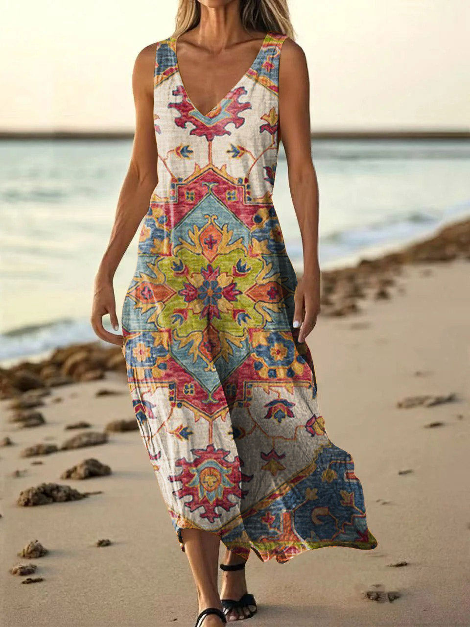 Women's Vintage Ethnic Tattoo Pattern Art Print Pocket Cotton Dresses