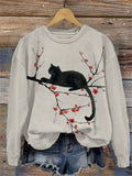 Women's Casual Japanese Art Black Cat Print Sweatshirt elevenforest