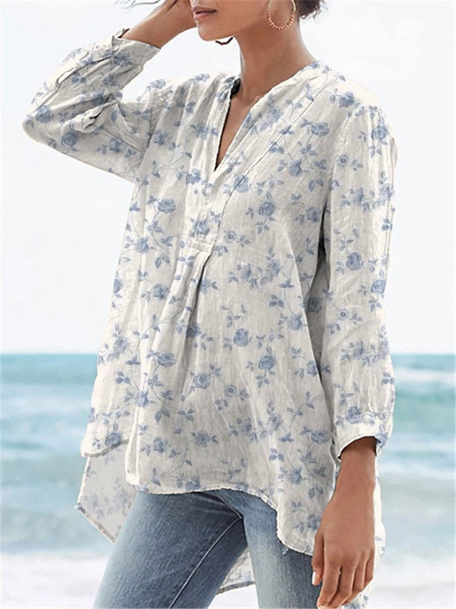 Small Blue Rose Floral Pattern Printed Women's Casual Linen V-Neck Shirt