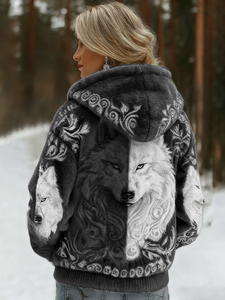Comstylish Women's Viking Wolf Art Knit Cozy Flannel Hooded