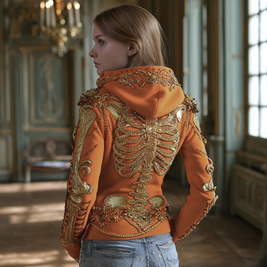 Comstylish Women's Gothic Skull And Floral Embroidered Hoodie