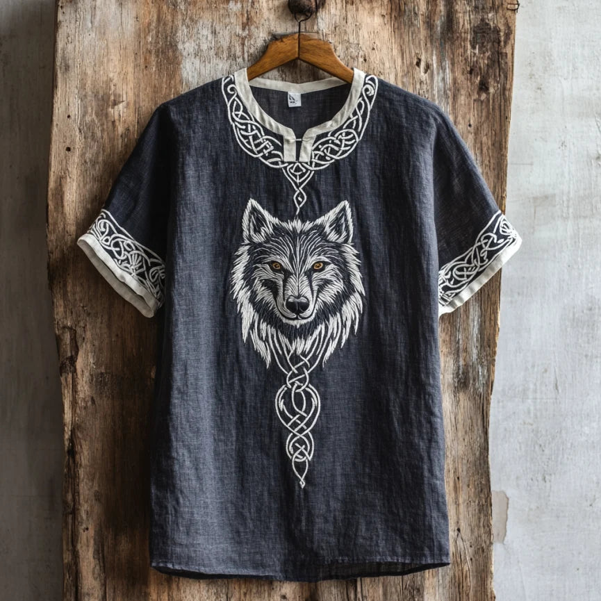 Men's Viking Wolf Celtic Embroidery Art Linen Shirt artswardrobe