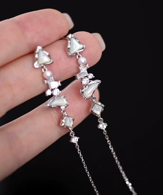 Stylish White Zircon Freshwater Pearl Mother of Pearl Silver Drop Earrings