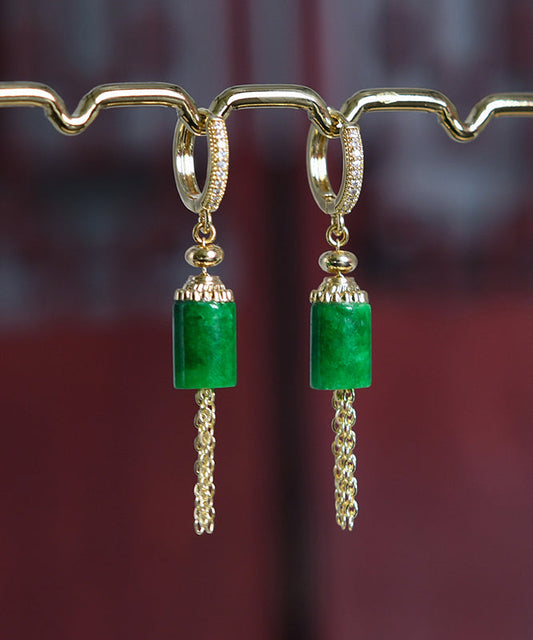 Gold Sterling Silver Overgild Inlaid Jade Tassel Drop Earrings