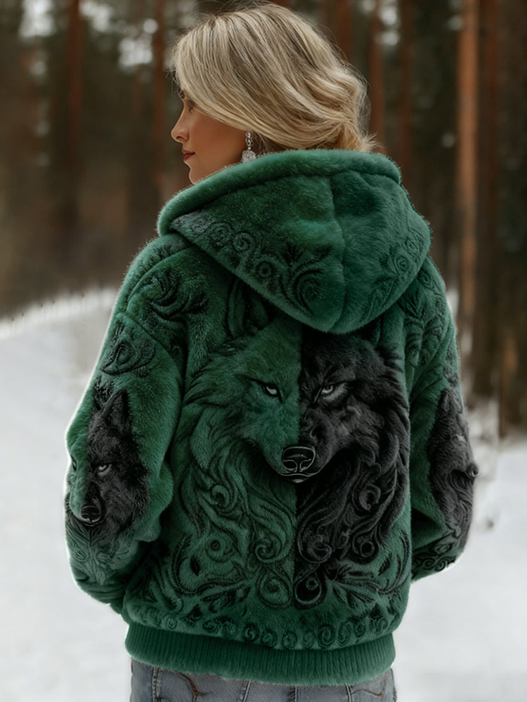 Comstylish Women's Viking Wolf Art Knit Cozy Flannel Hooded