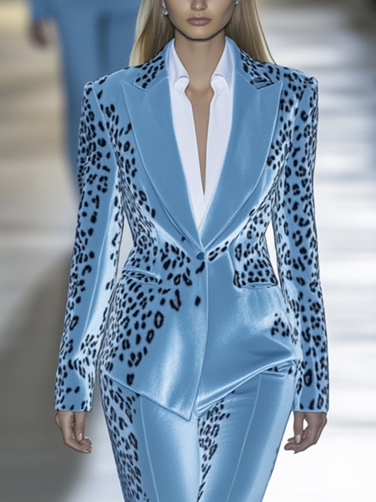 Shipping Sky Blue Velvet Leopard Print Blazer