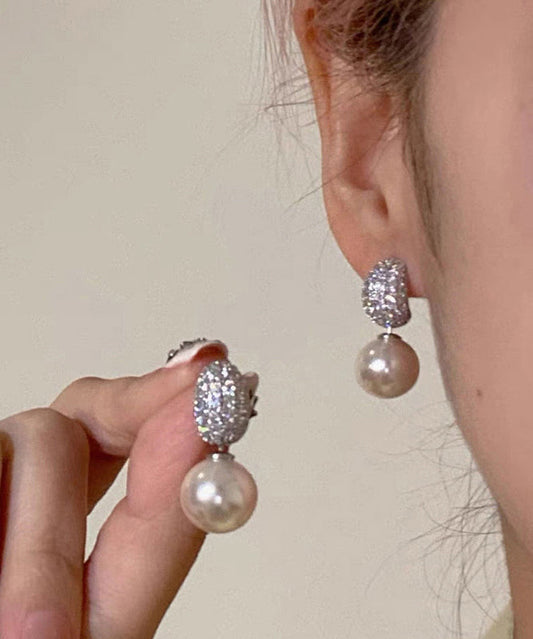 Silk Sterling Silver Zircon Pearl Drop Earrings