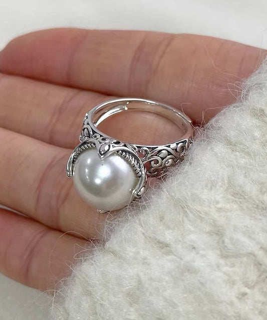 Silk Sterling Silver Pearl Hollow Out Rings