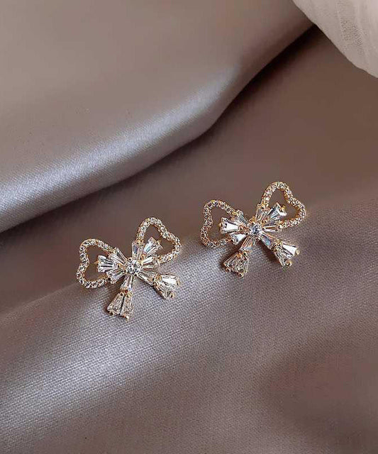 Gold Sterling Silver Alloy Zircon Bow Stud Earrings
