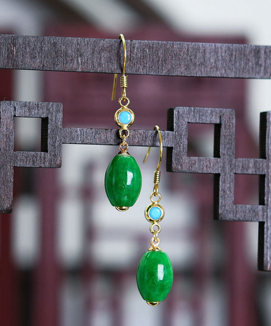 Green Sterling Silver Overgild Inlaid Jade Drop Earrings