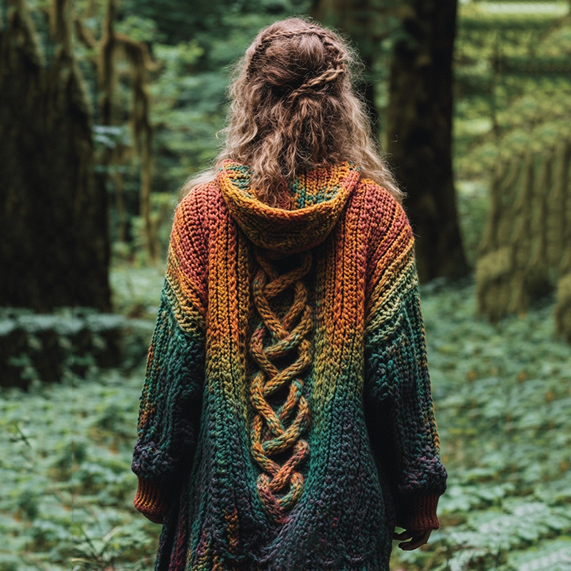 Women's Celtic Knot Retro Rainbow Chunky Knit Hooded Cardigan artswardrobe