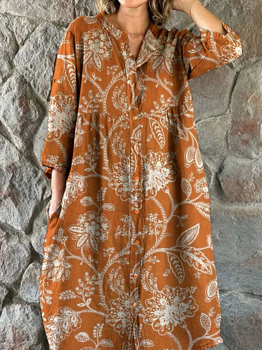 Women's Elegant Simple Shirt Style Cotton and Linen Dress with Decorat