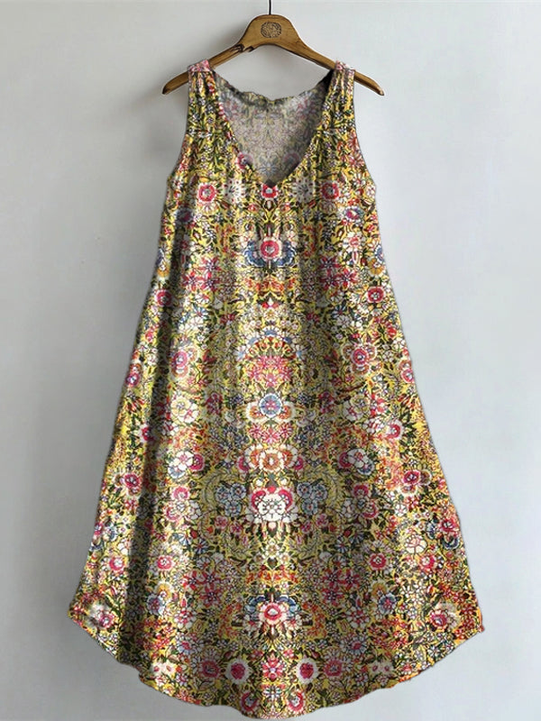 Women's Ethnic Totem Floral Art Print V-neck Pocket Cotton Dress