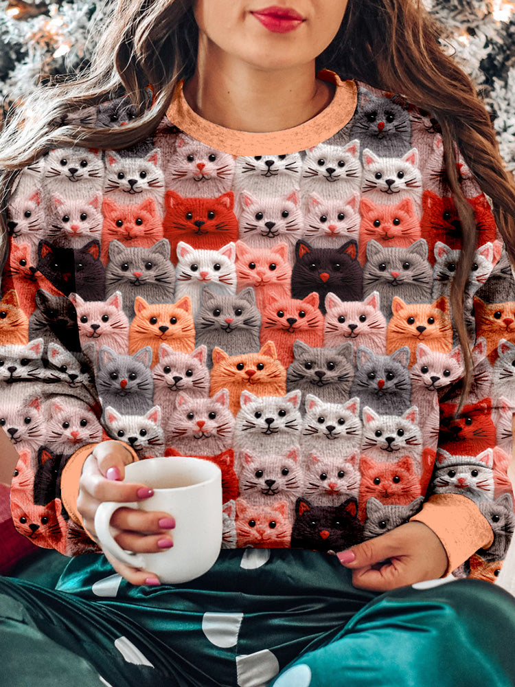 Colorful Cute Cats Embroidered Crew Neck Sweatshirt elevenforest
