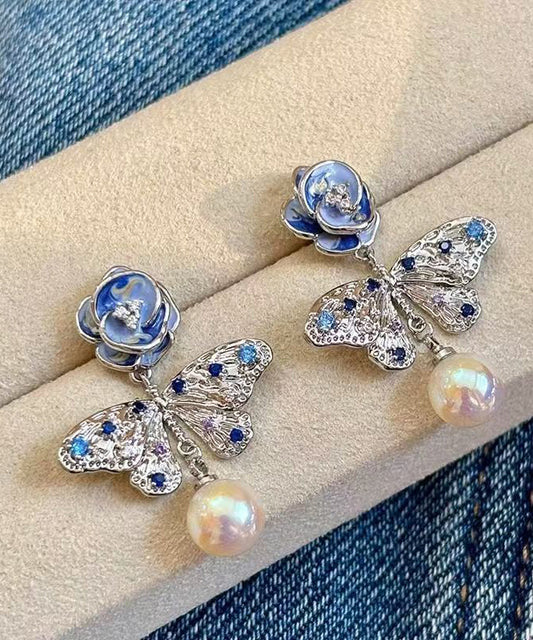 Silk Alloy Pearl Zircon Butterfly Enamel Drop Earrings