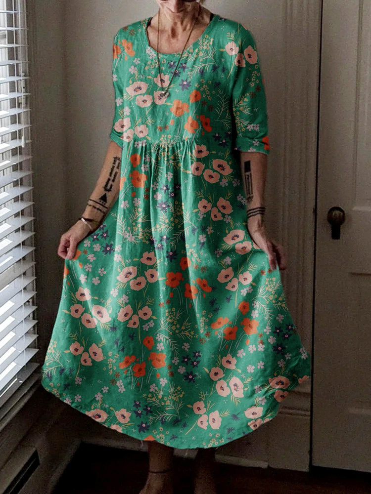 Women's Hippie Art Floral Print Crew Neck Dress