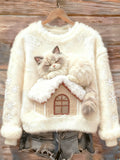 Cat On The Roof Warming Up In A Round-neck Flannel Sweatshirt elevenforest