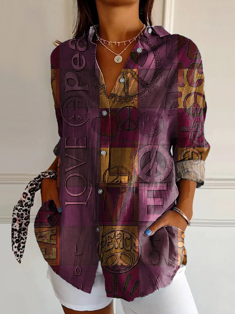Women's Hippie Peace Art Print Casual Cotton Shirt