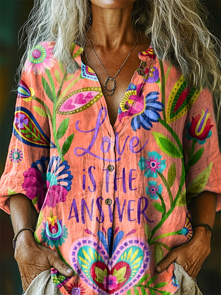 Women's Love Is The Answer Pattern Art Print Casual Cotton Linen Shirt