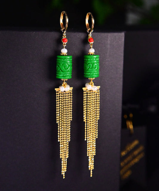 Green 14k Gold Jade Pearl Dry Green Tassel Drop Earrings