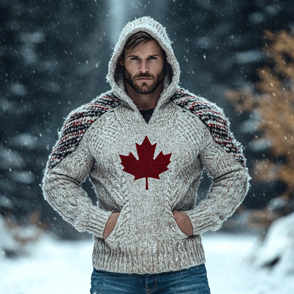 Men's Canada Maple Leaf Pattern Cozy Knit Hooded Sweater elevenforest