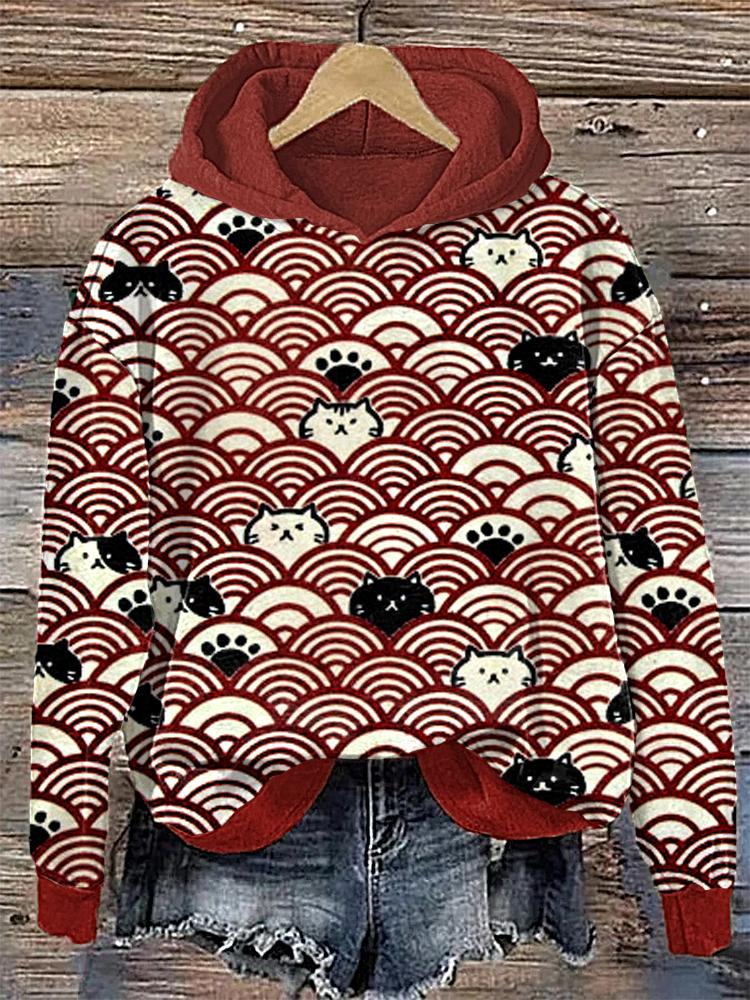 Cat Faces and Waves Japanese Art Print Cotton Cozy Hoodie elevenforest