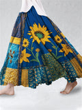 Ethnic Sunflowers Embroidered Patchwork Flowy Wide Skirt artswardrobe