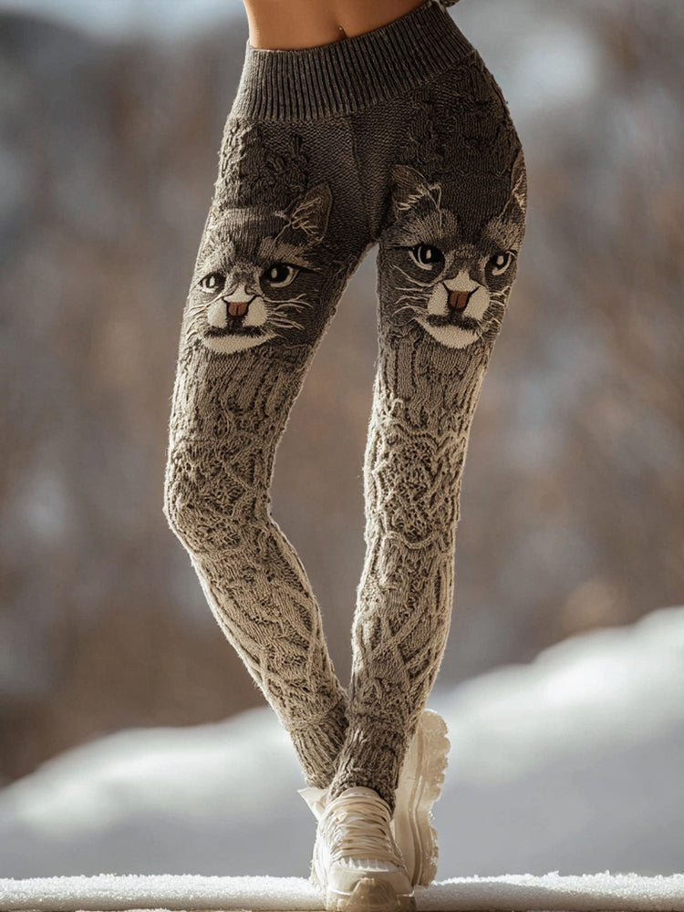 Cute Cat Face Inspired Pattern Cozy Knit Leggings elevenforest