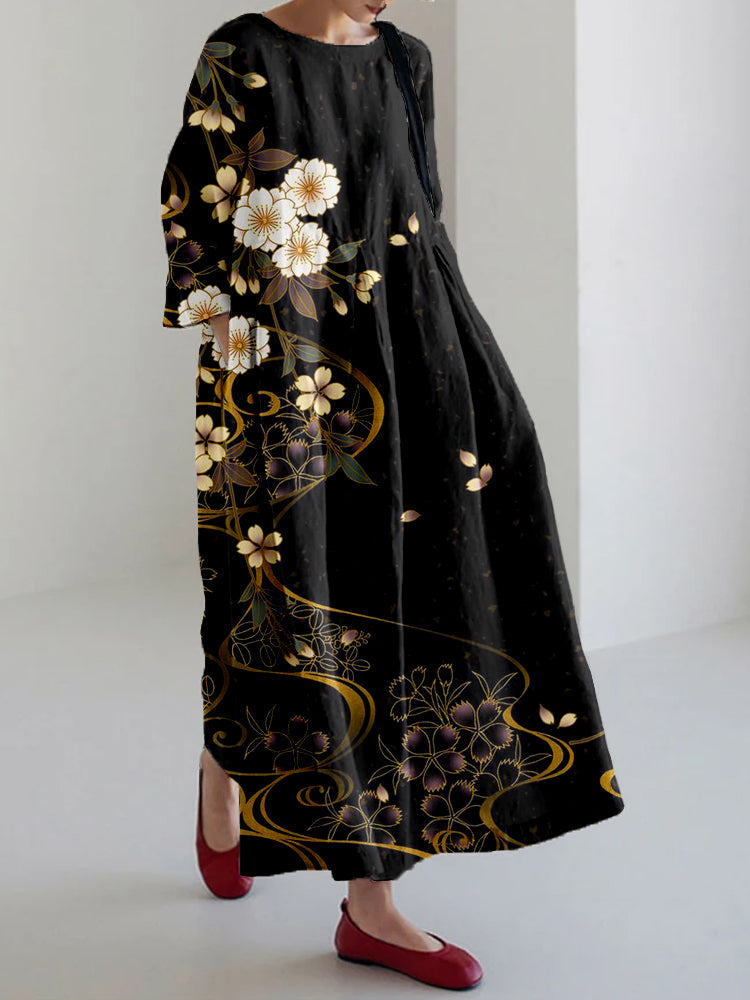 Japanese Cherry Blossoms Art Linen Blend Maxi Dress