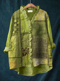 Comstylish Green Floral Embroidery Art Linen Blend Ruffle Shirt
