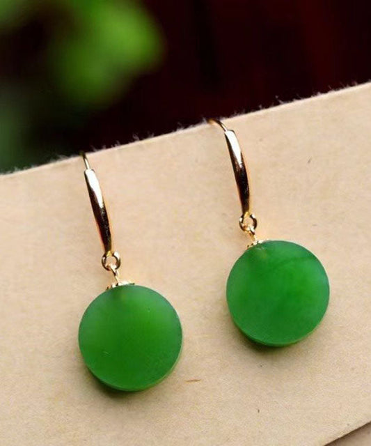 Simple Spinach Green 18k Gold Inlaid Jade Round Brand Drop Earrings